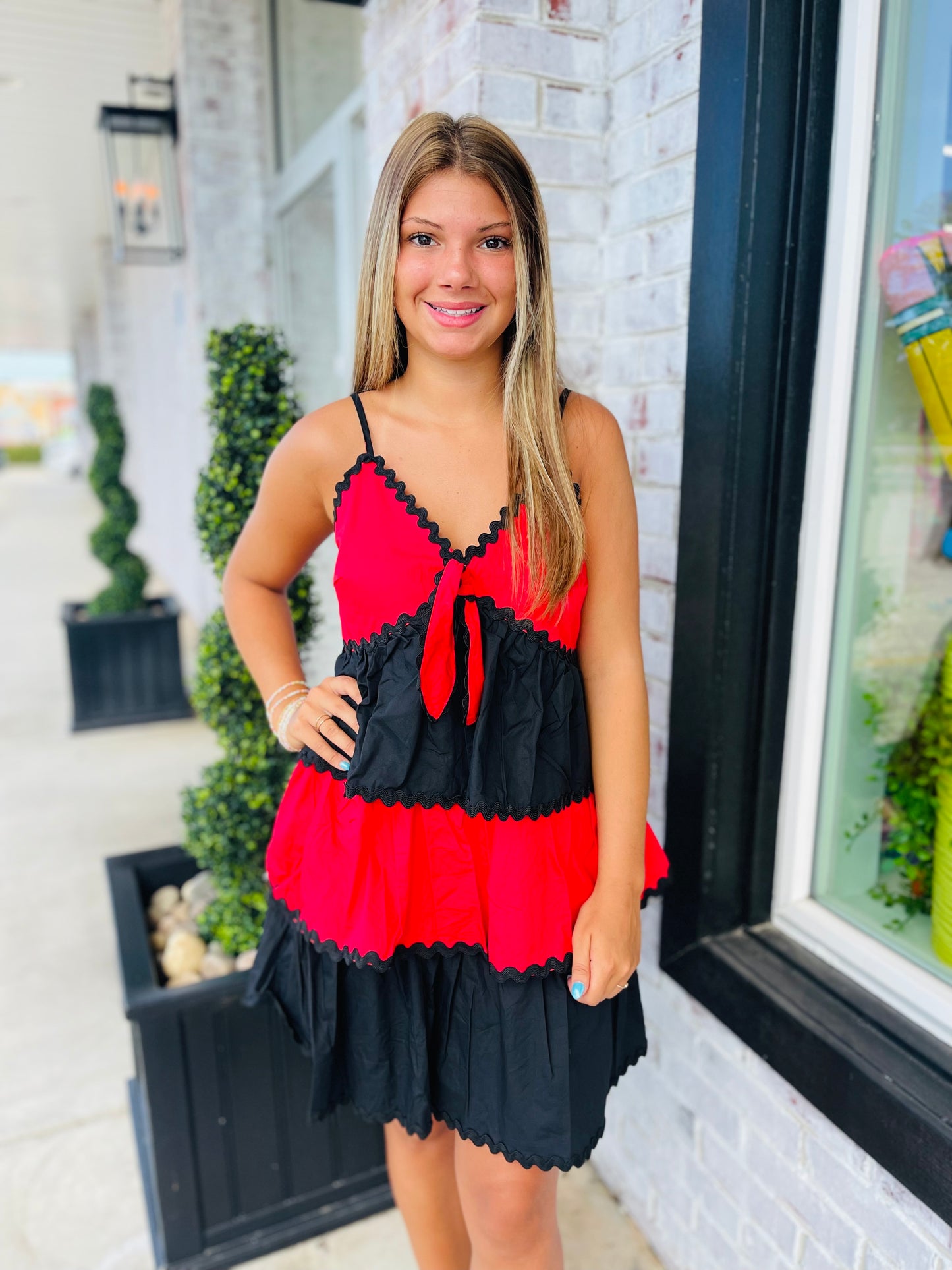 Trimmed in Red & Black Dress