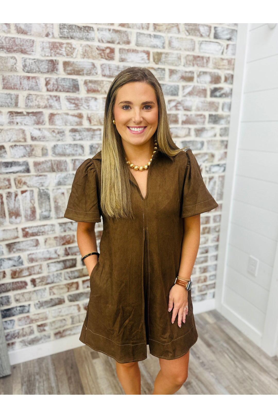 Brown Suede Pleated Front Dress