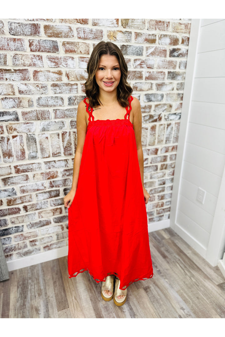 Red Scalloped Strap Midi Dress