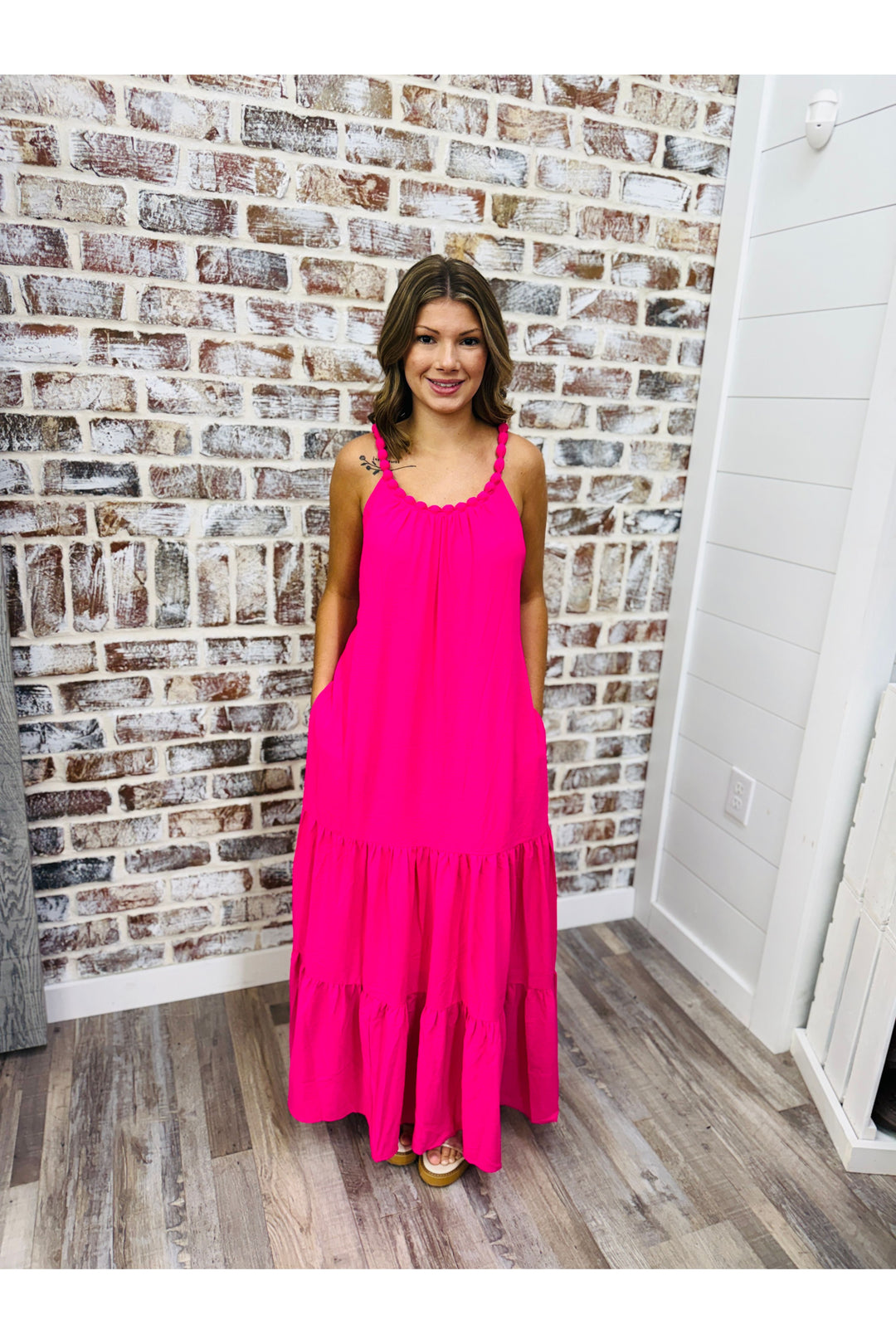Hot Pink Beaded Neck Maxi Dress