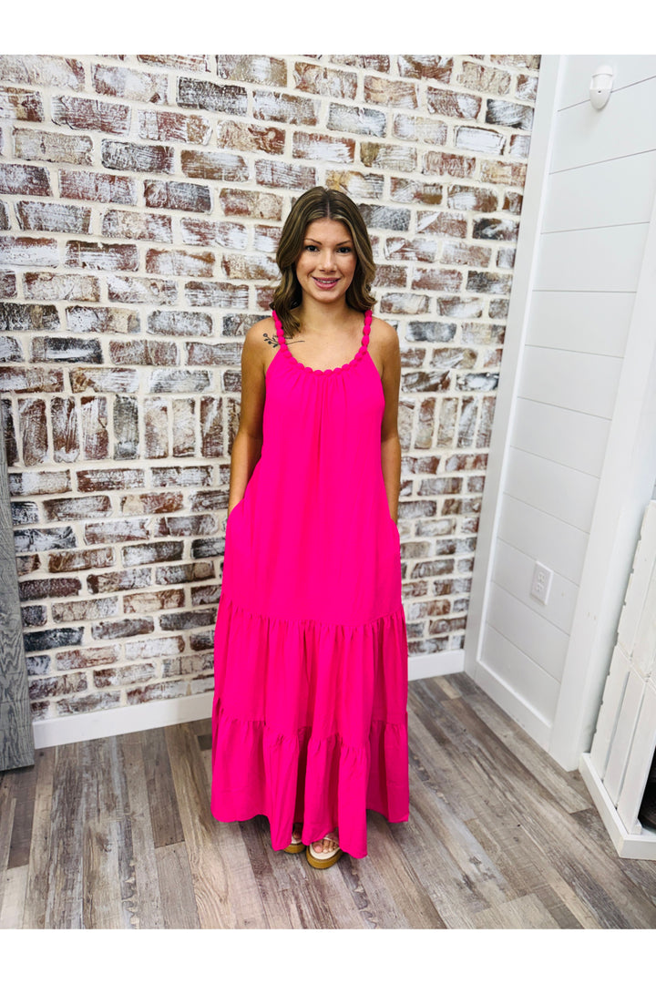 Hot Pink Beaded Neck Maxi Dress
