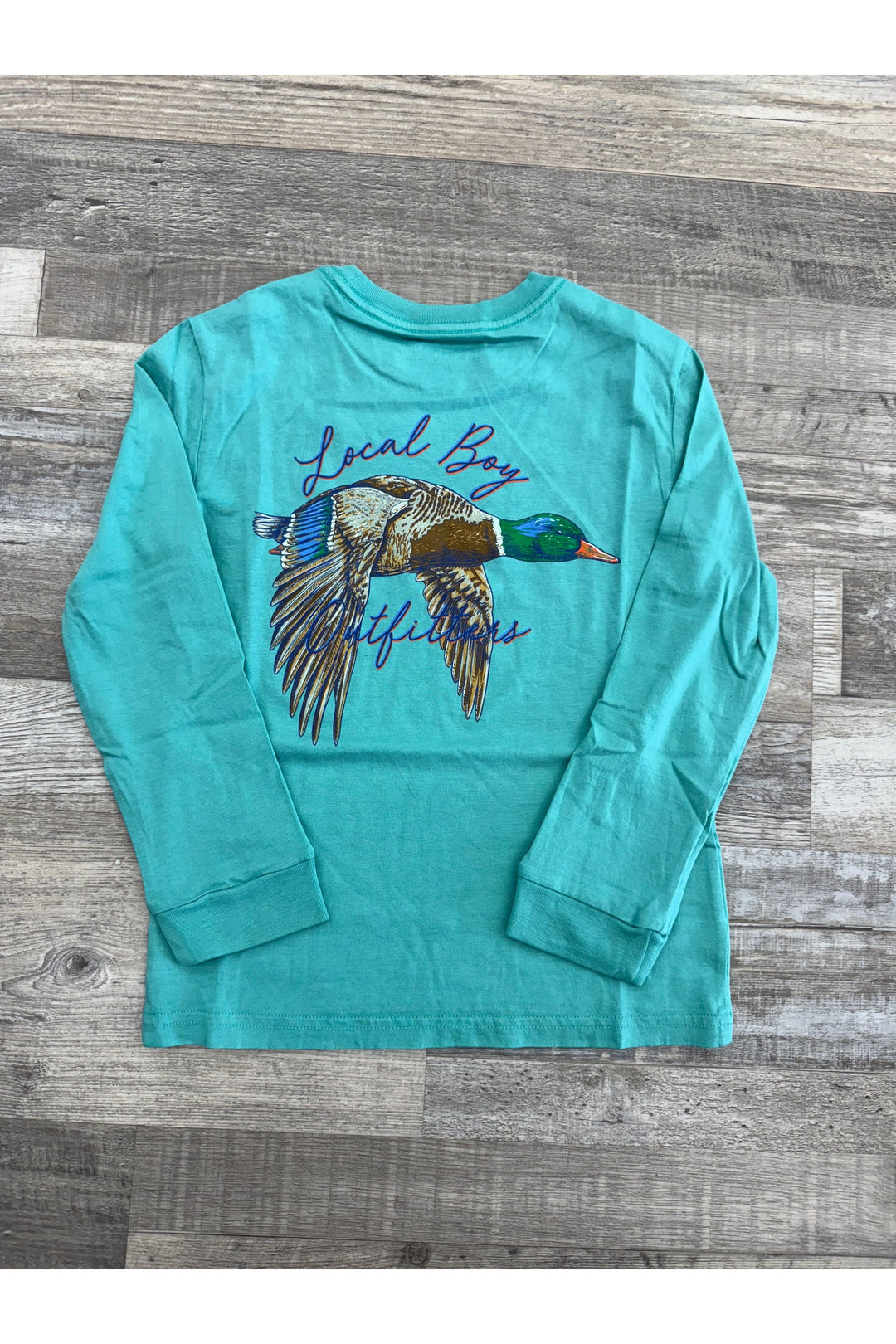 Youth blue long sleeve tee with duck on back
