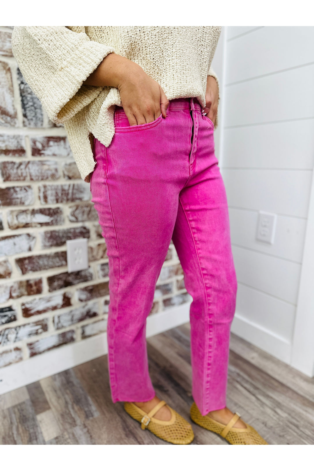 Hot Pink Acid Wash High Rise Straight Pants