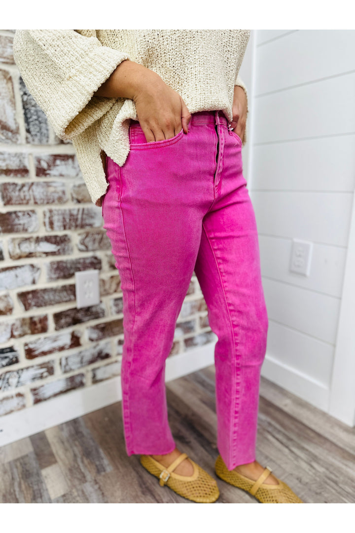 Hot Pink Acid Wash High Rise Straight Pants