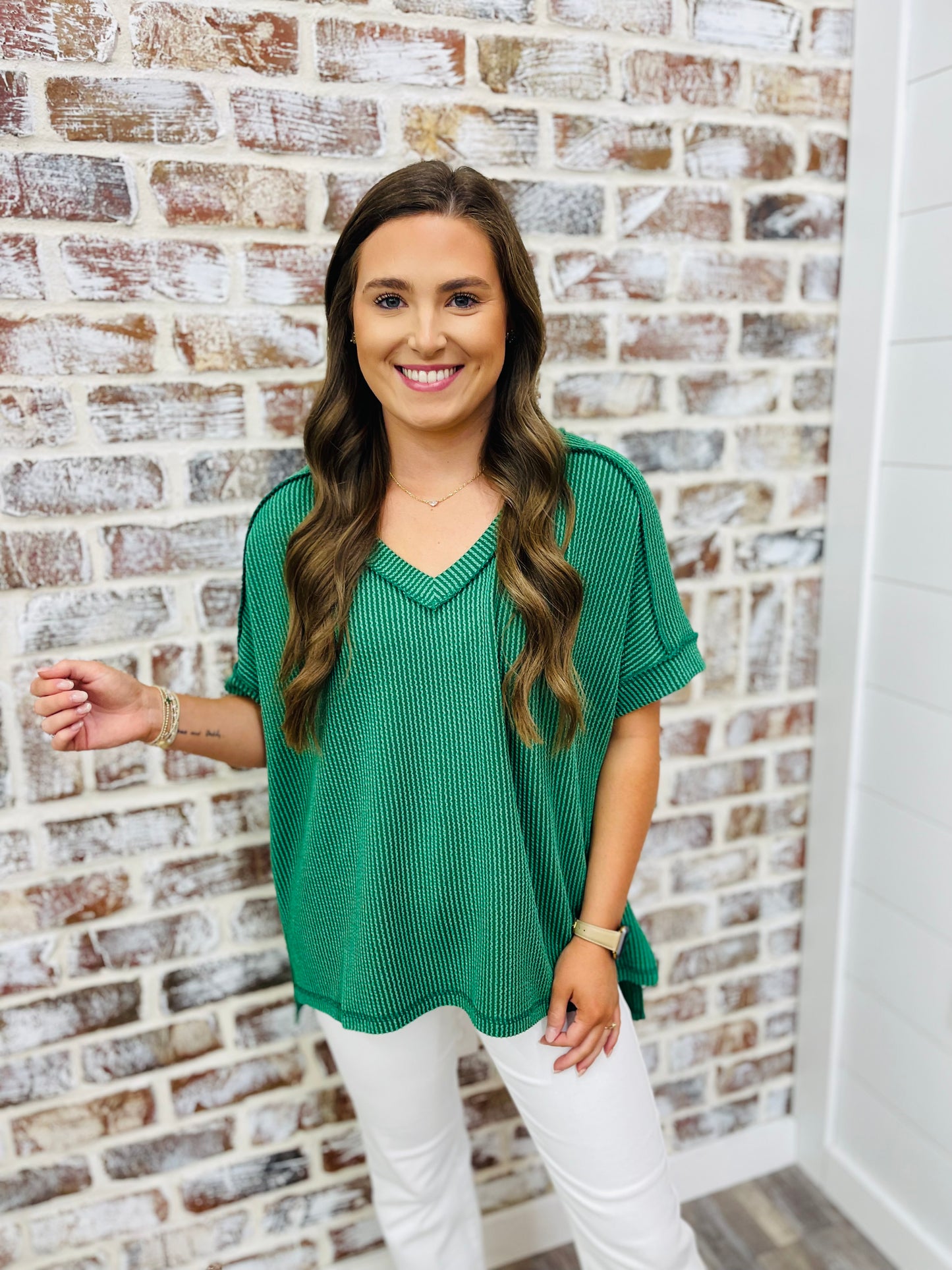 Green Short Sleeve Waffle Top