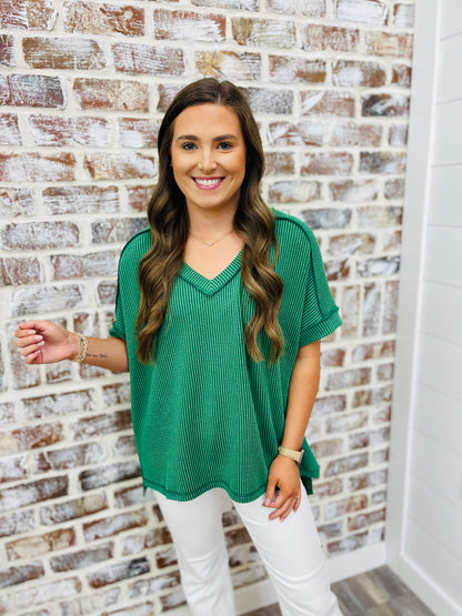 Green Short Sleeve Waffle Top