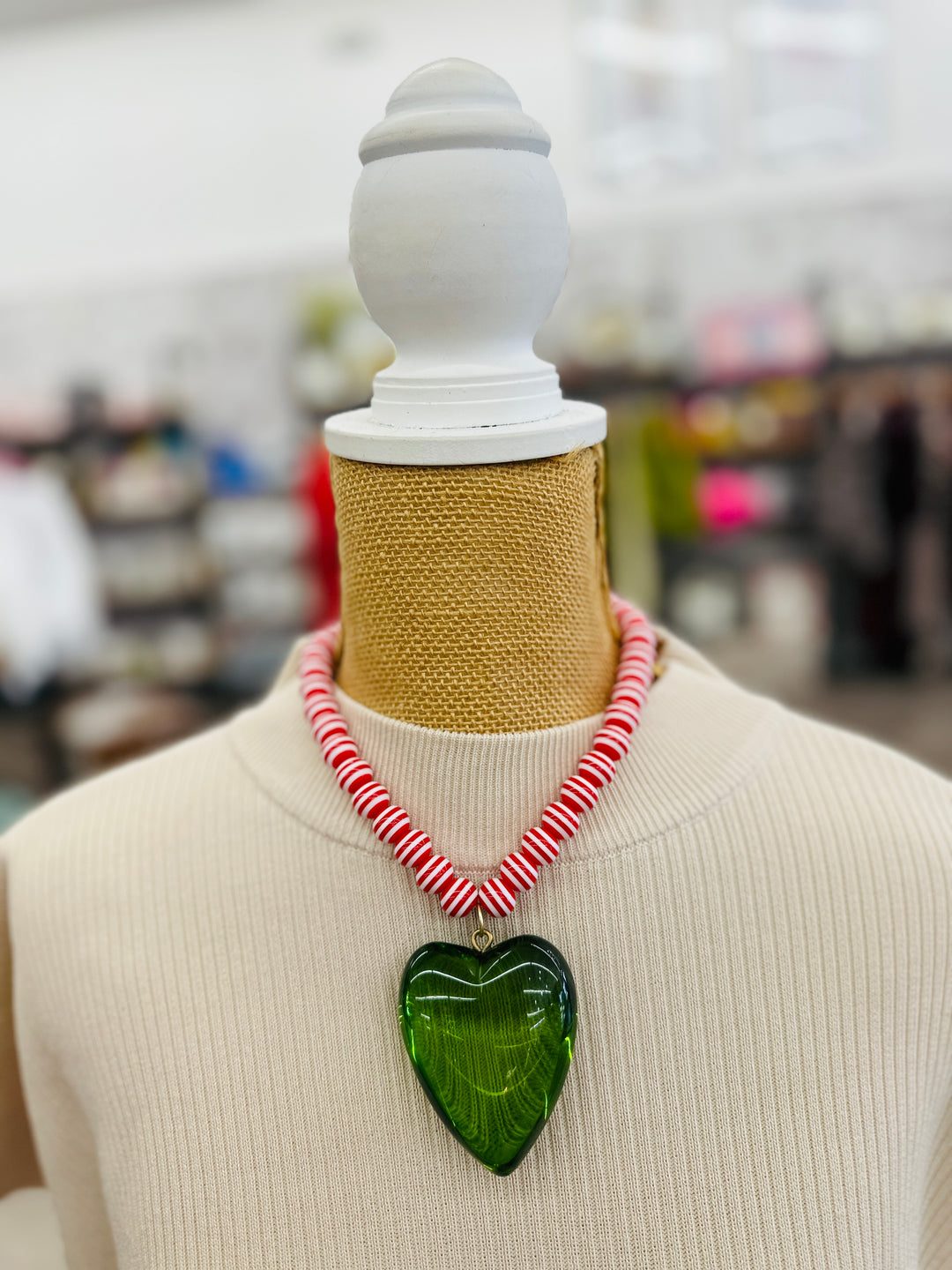Mega Heart Necklace - Red Stripe + Green