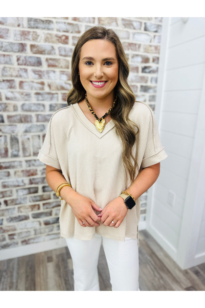 Sand Beige Short Sleeve Waffle Top