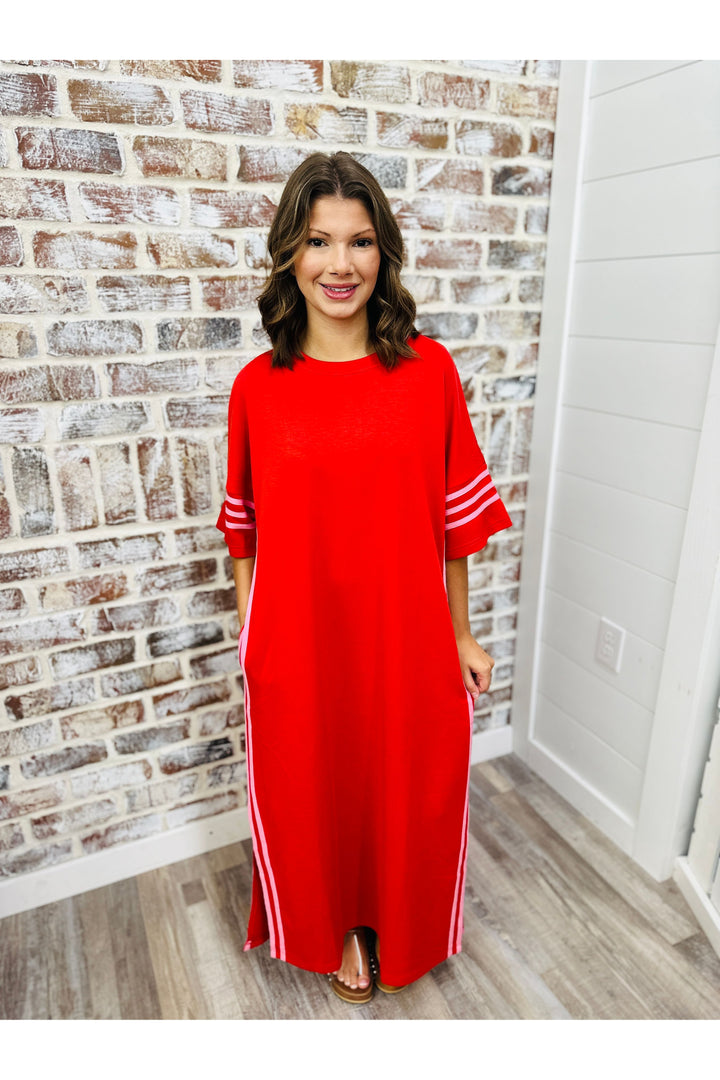 Red & Pink Varsity Maxi Dress