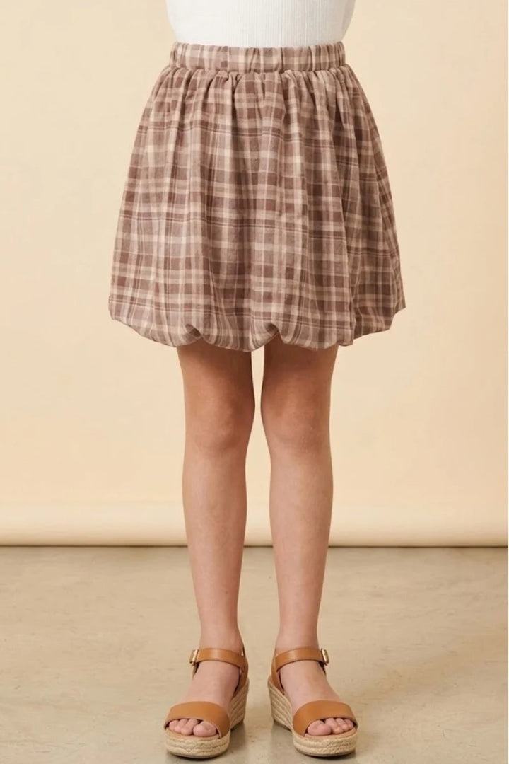 Youth | Elastic Waist Bubble Hem Plaid Skirt