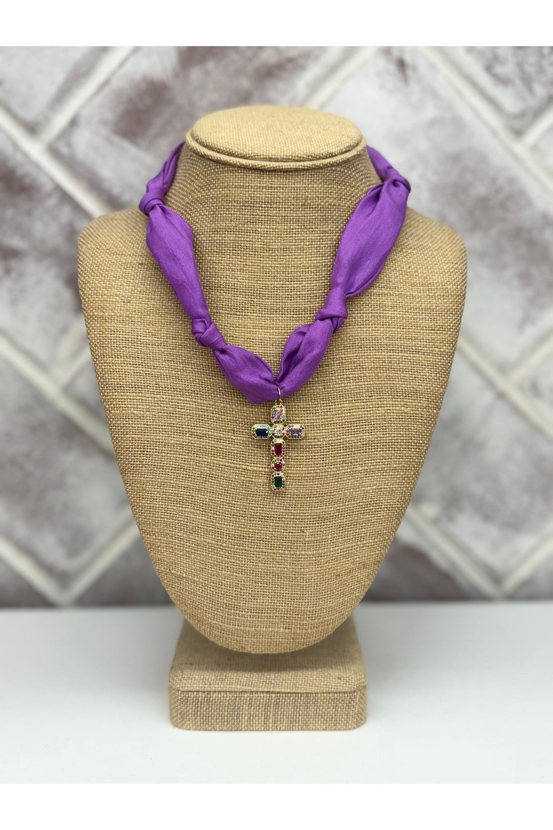Purple Scarf Necklace With Multi Colored Stones Cross Charm
