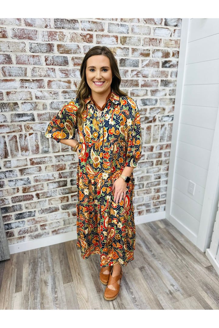 Navy Paisley Print Midi Dress