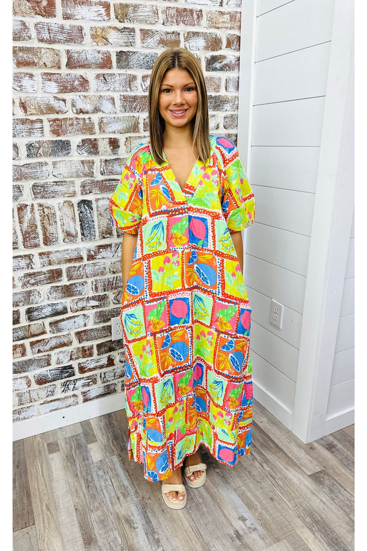 KARLIE| Fruit Gauze Vneck Maxi Dress