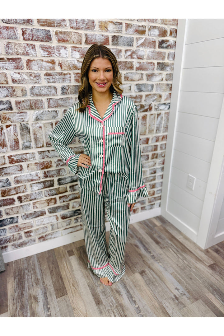 Ruffled PJ Set - Ivory + Green Stripes with Pink Rick Rack Trim