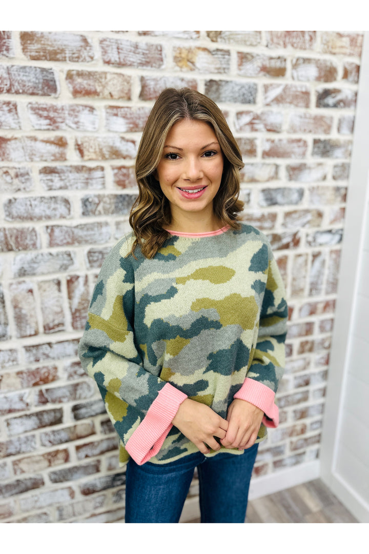 Camo Roll Up Sweater Top