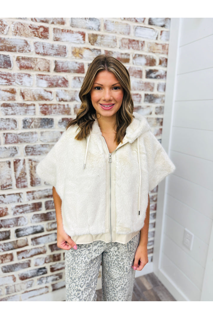 Cream Faux Fur Leather Trim Hoody Vest