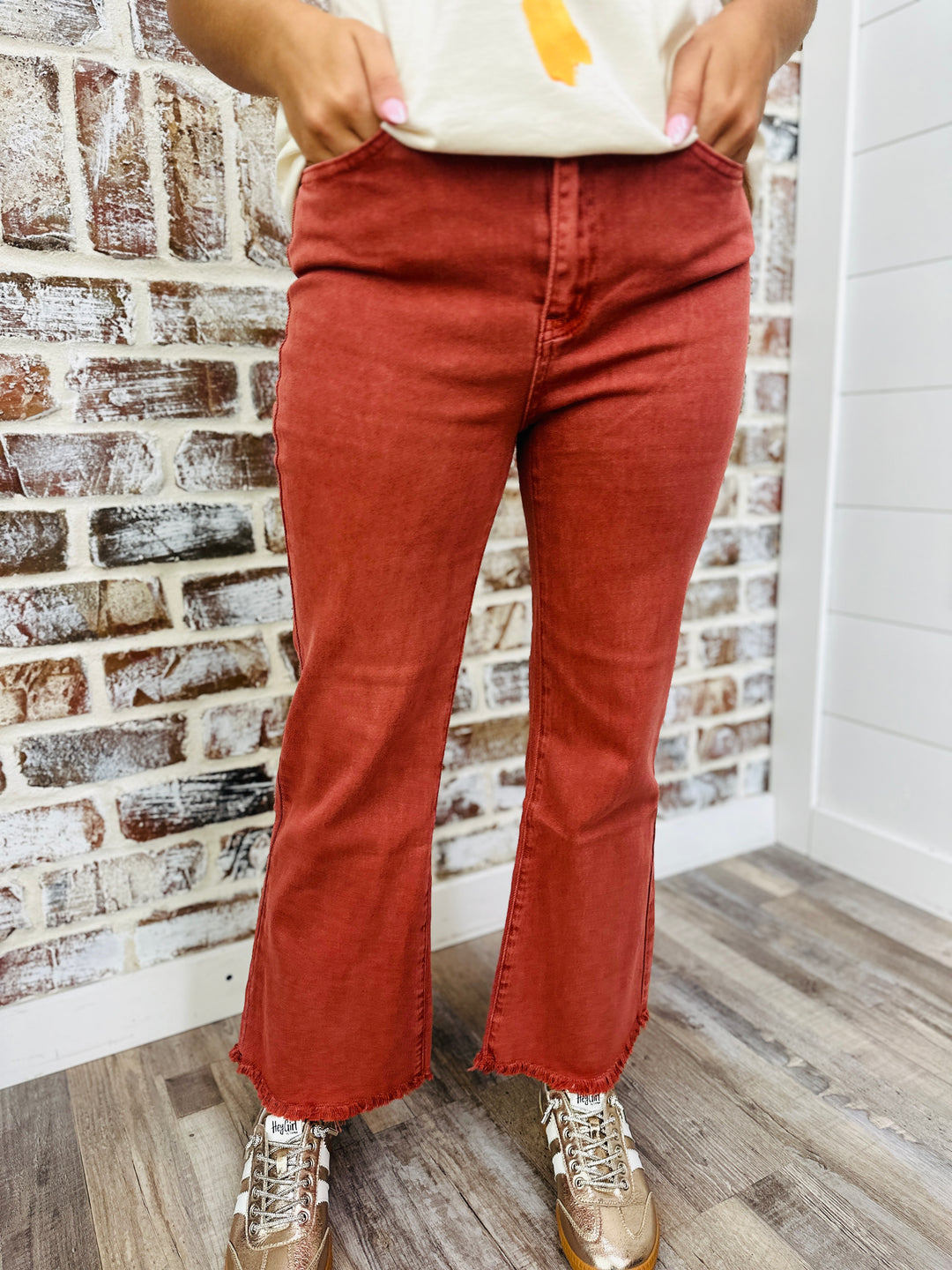 Acid Washed Straight Leg Pants - Cabernet