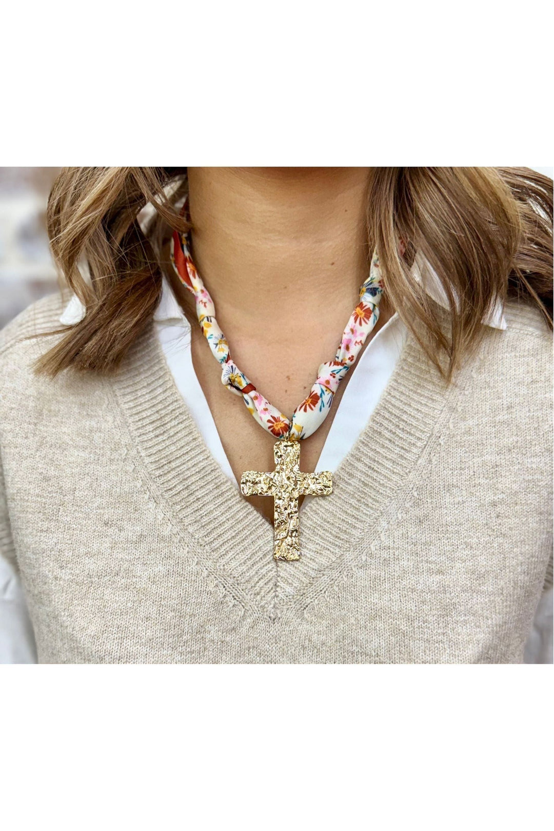 Fall Flowers Scarf Necklace With Cross Charm