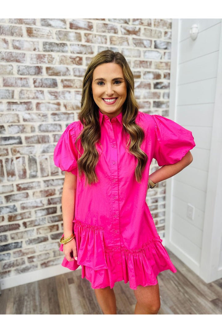 Karlie Solid Ruffle Bottom Shirt Dress