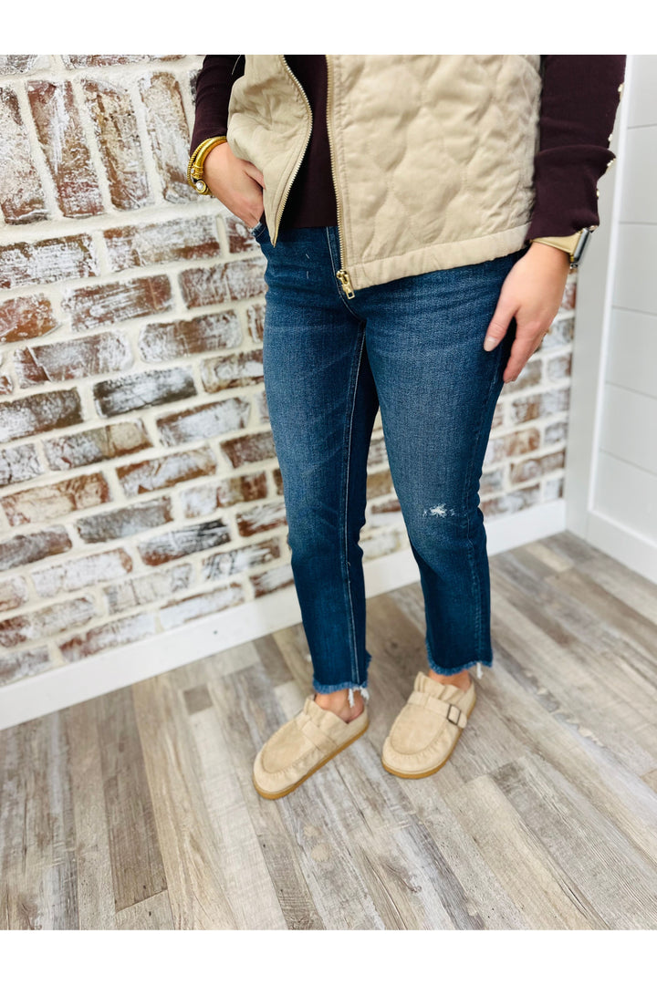 Low Rise Uneven Raw Hem Slim Straight Jeans