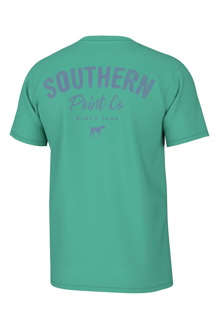 Youth teal tshirt with original Southern Point Co. dog logo on the back.