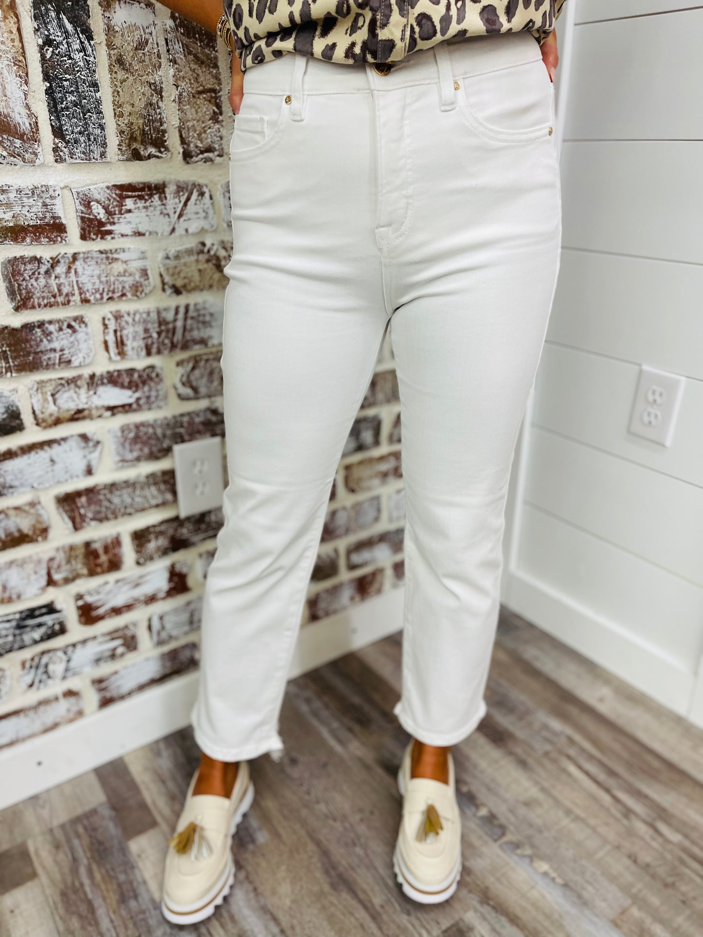 Tummy Control Elastic Band High Rise White Jeans