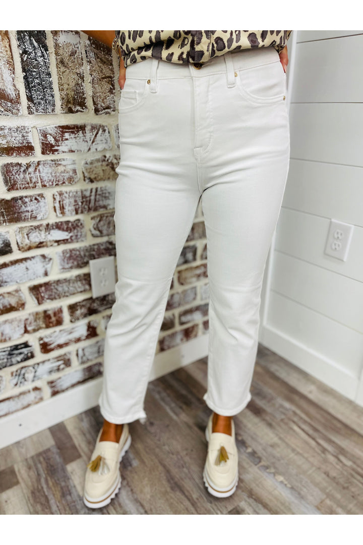 Tummy Control Elastic Band High Rise White Jeans