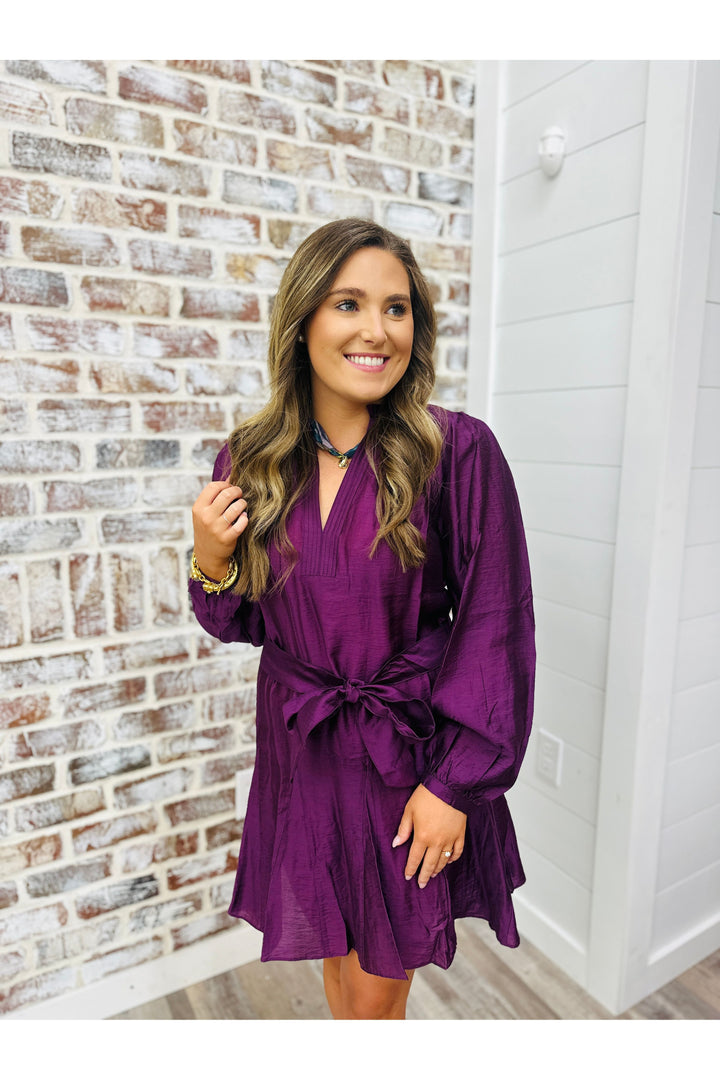 Satin Long Sleeve Tie Dress
