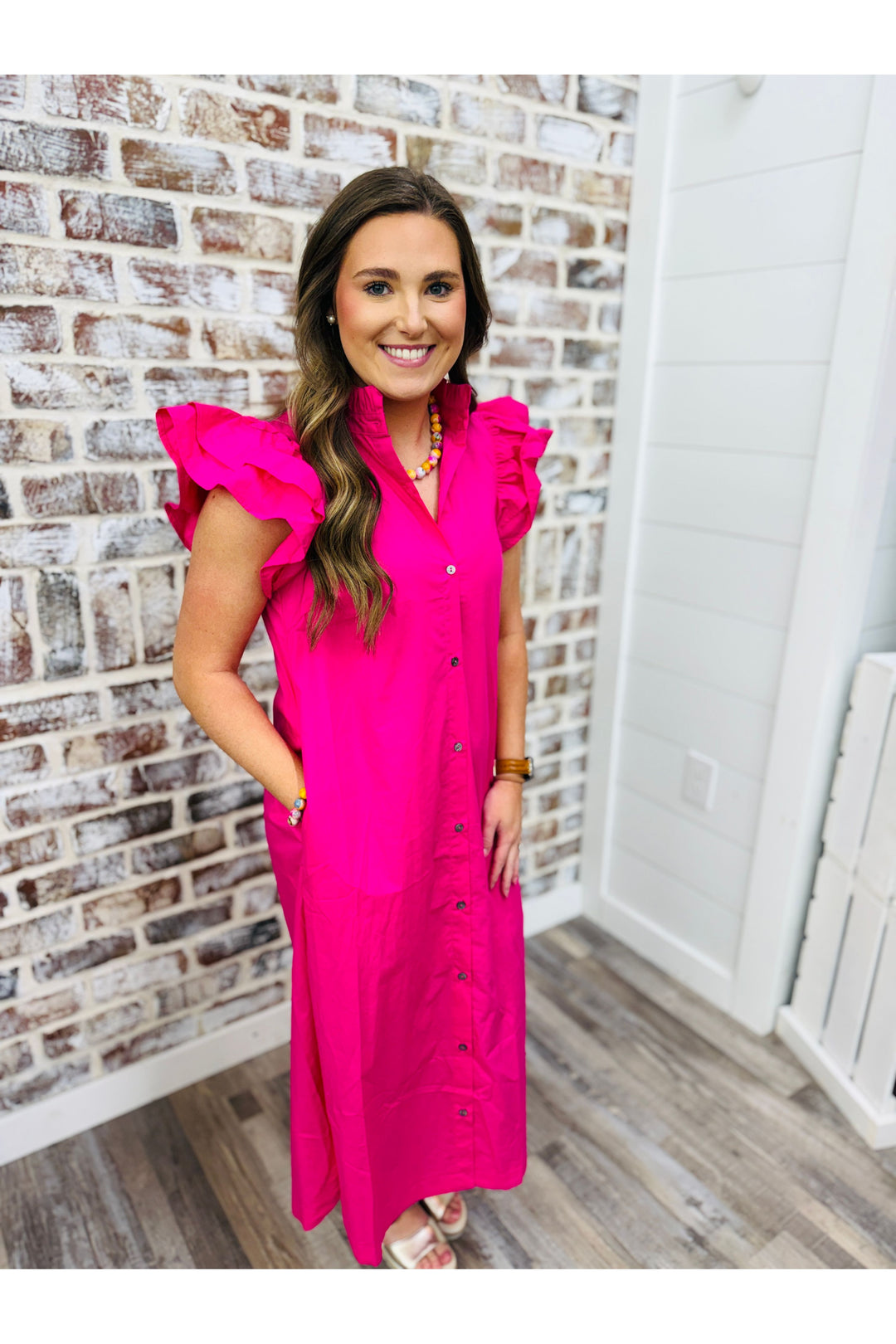 Hot Pink Button Midi Dress