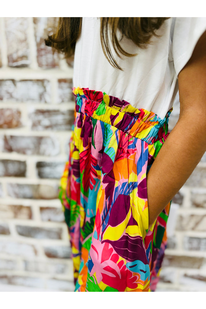 Youth Tropical Satin Chiffon Mixed Media Dress