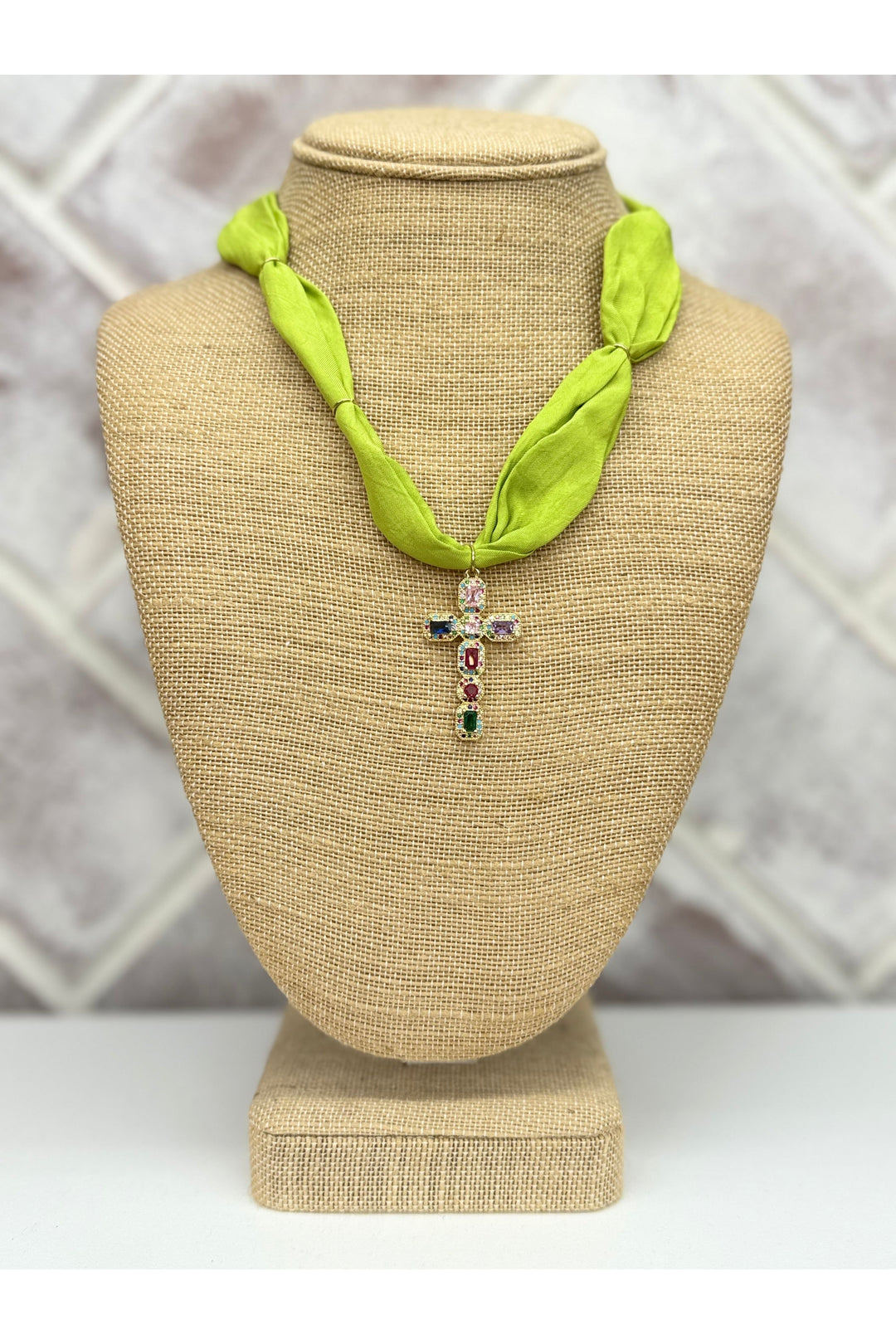 Green Scarf Necklace With Multi Colored Stones Cross Charm