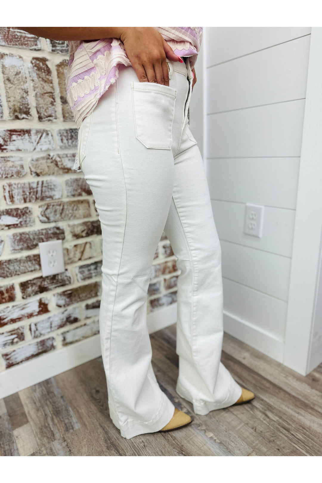 Cream High Rise Patch Pocket Flares