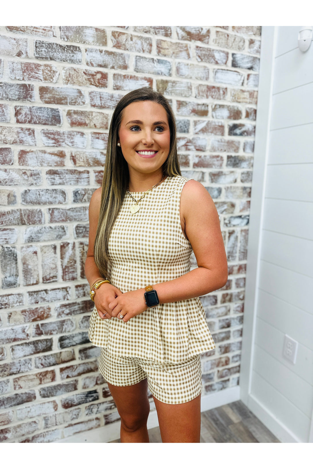 Tan Gingham Ruffle Top