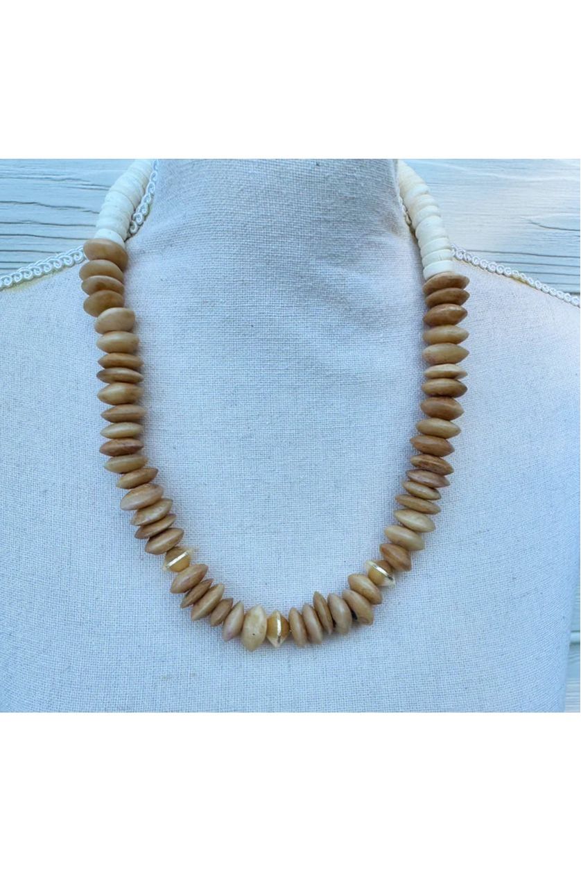 Made with tan wood and natural beads and gold beads.  

Approximately 18”