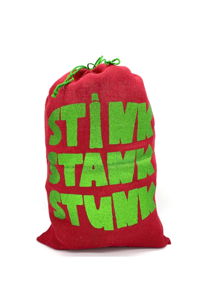 RED SANTA SACK WITH GLITTER PRINT IN RED "STINK, STANK, STUNK"