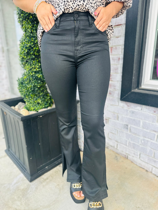 Metallic Black Bootcut Split Jeans