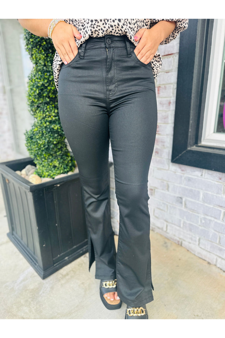 Metallic Black Bootcut Split Jeans