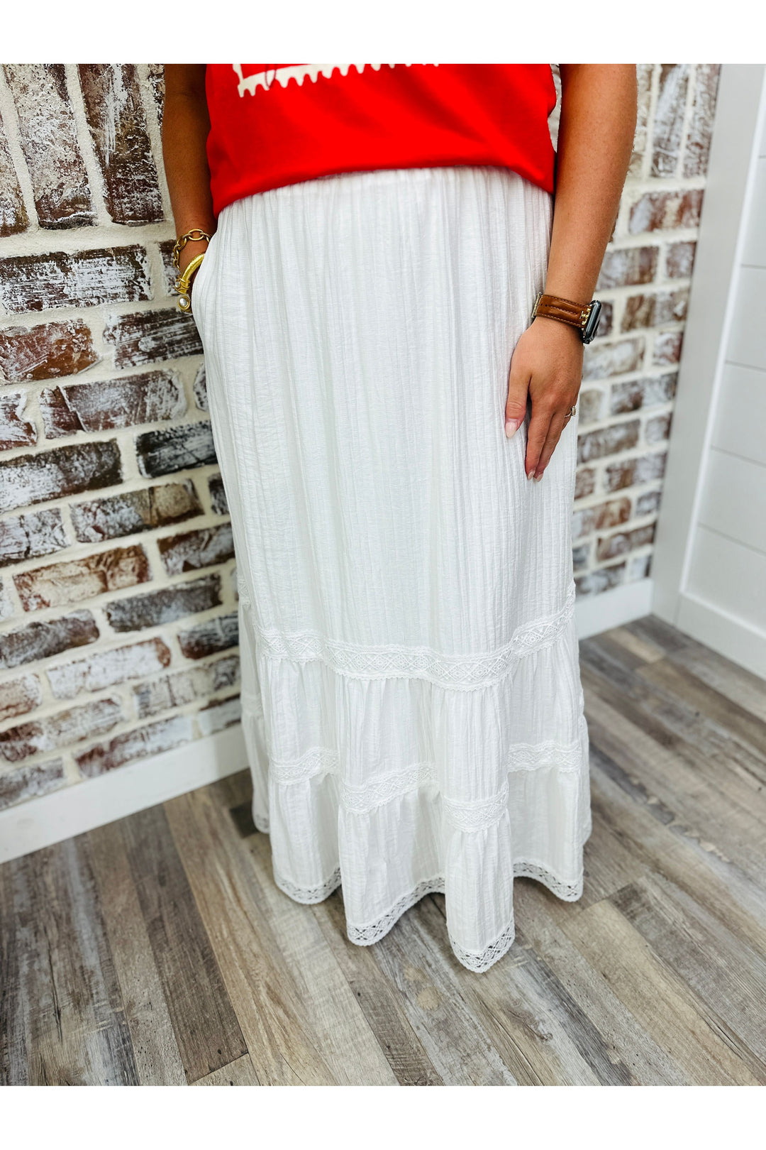 White Lace Detail Maxi Skirt