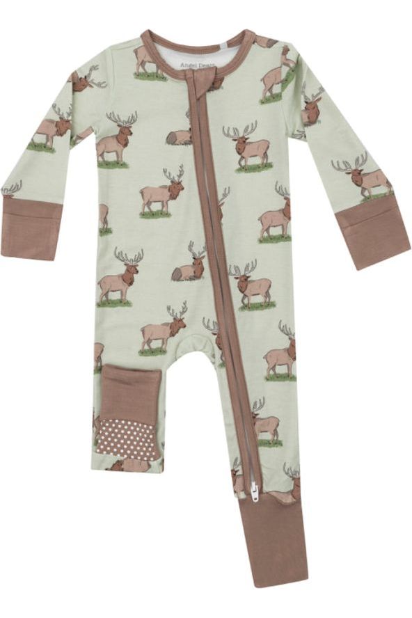 Youth mint green long sleeve romper with Elk detail.