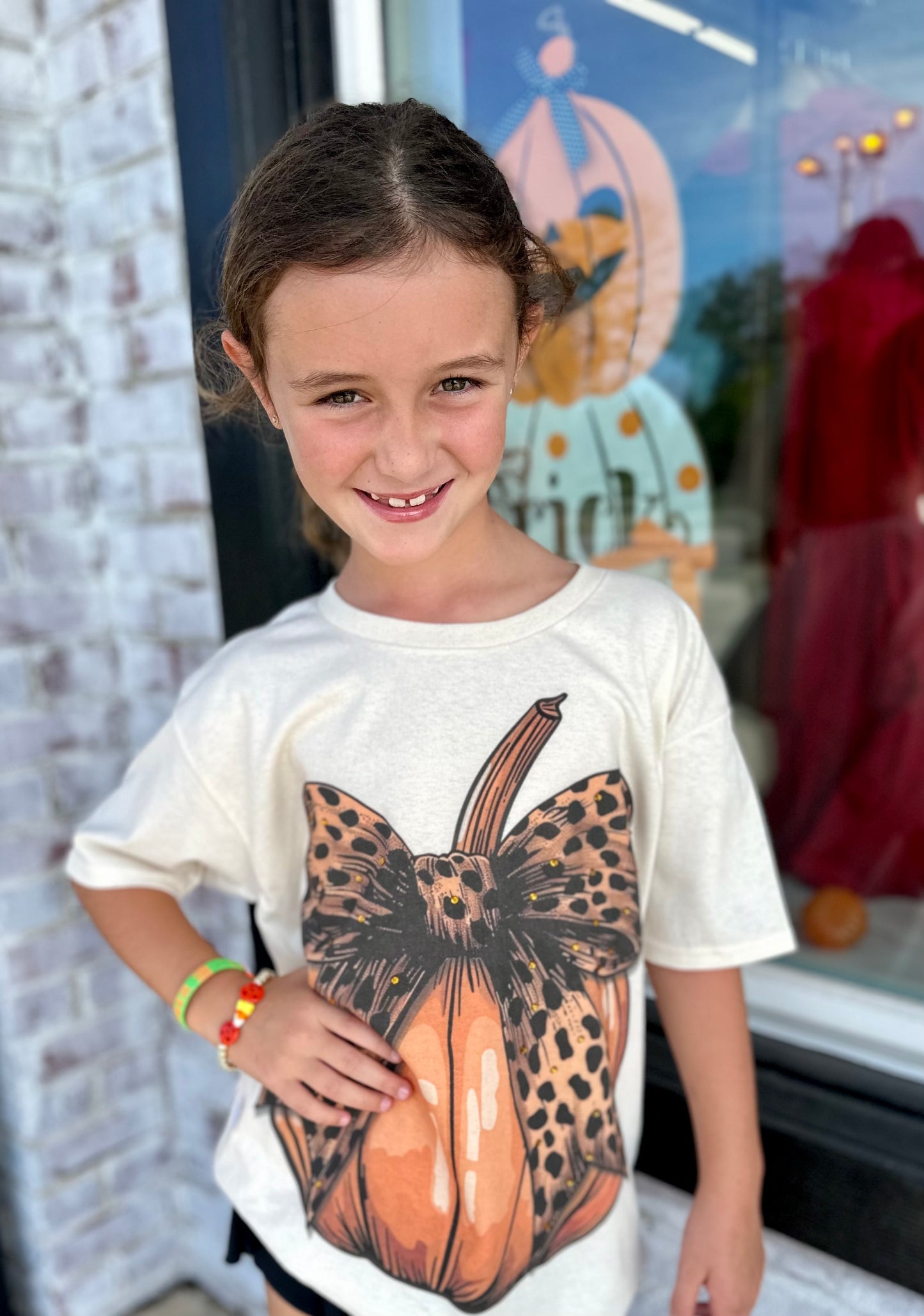 YOUTH Pumpkin Cheetah Bow Rhinestone Tee