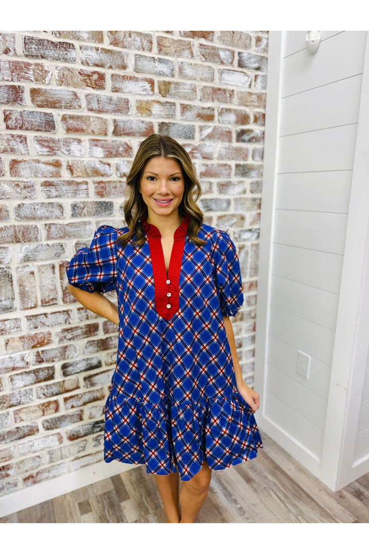 Tartan Charm Ruffle Dress - Indigo