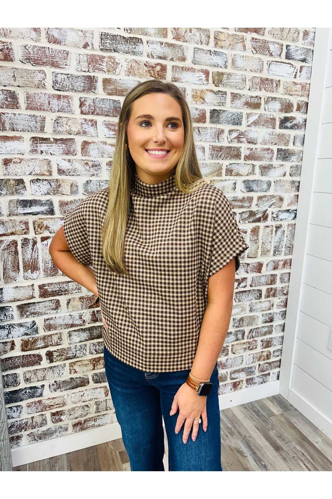 Gingham Mock Neck Boxy Top
