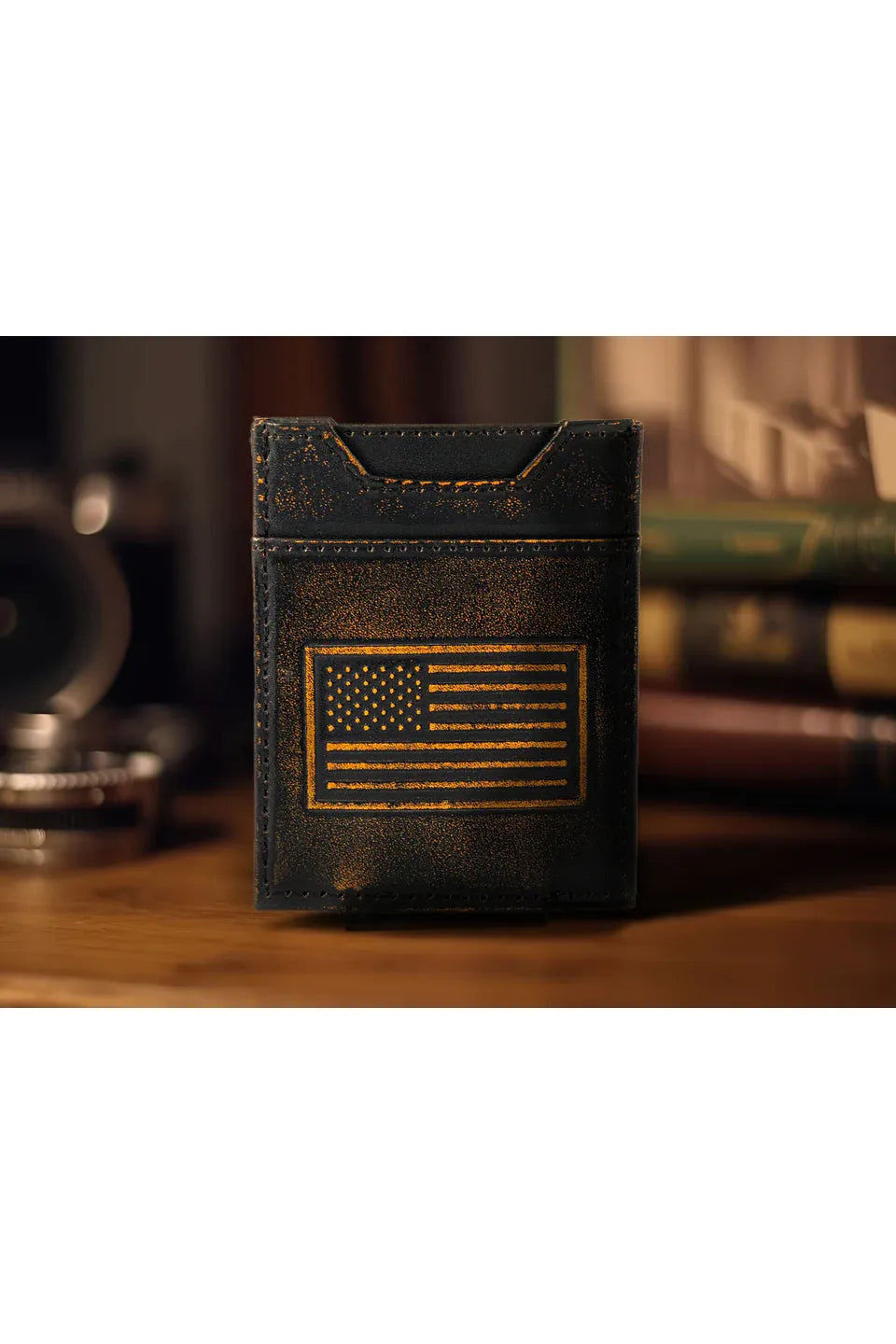 AMERICAN FLAG BURNISHED LEATHER MAGNETIC FRONT POCKET WALLET