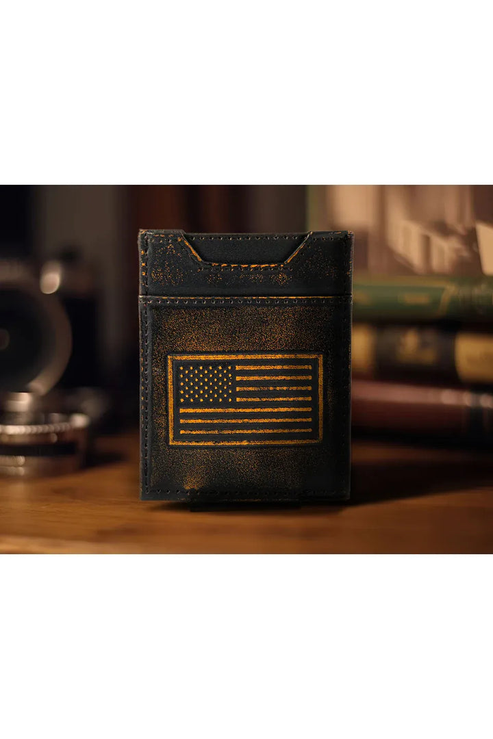 AMERICAN FLAG BURNISHED LEATHER MAGNETIC FRONT POCKET WALLET