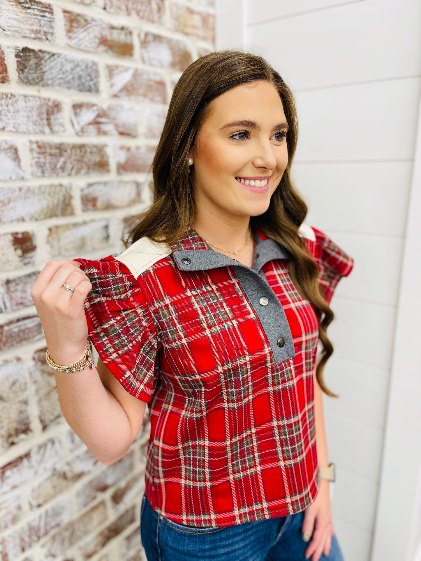 Red + Taupe Plaid Top