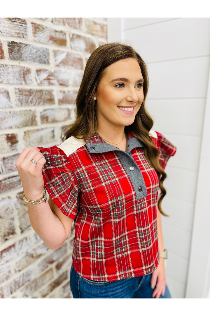 Red + Taupe Plaid Top