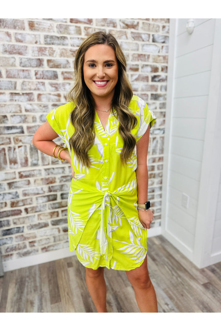 Karlie Palm Leaf Tie Button Up Dress