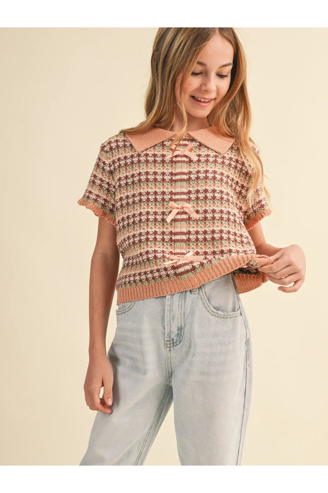 Tween Kids Girls Collared Crop Knit Top (7-14)