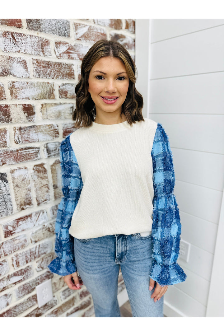 THML Denim Fringy Sleeve Top