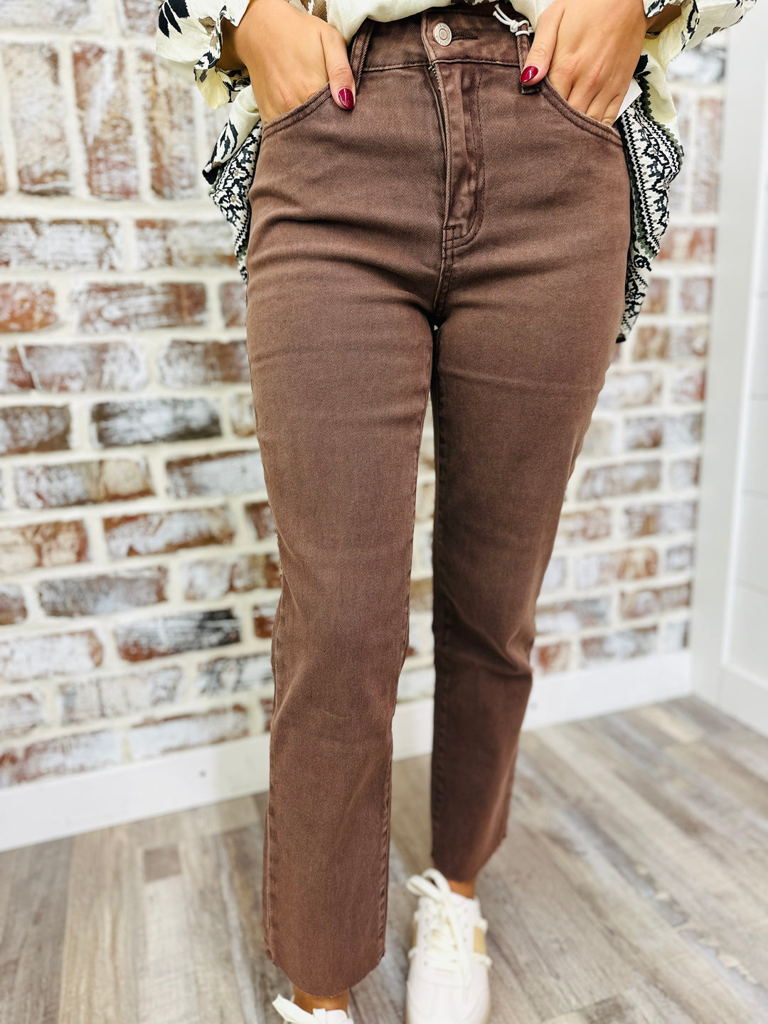Acid Washed Straight Leg Pants - Brown